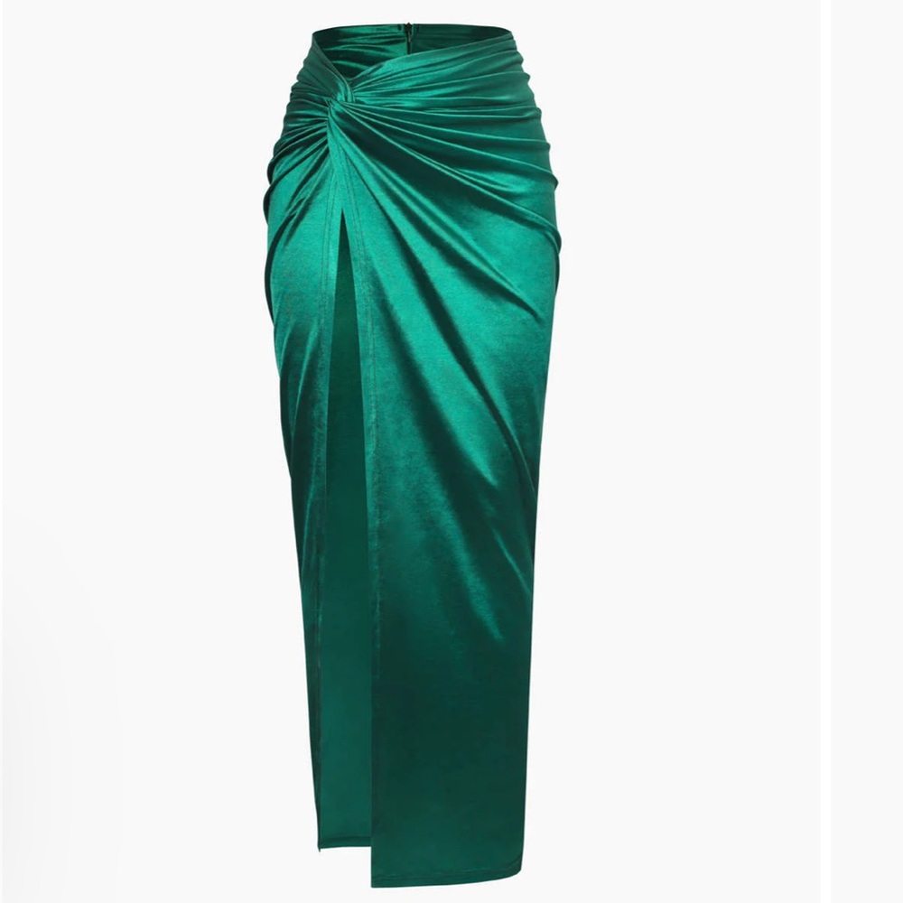 Green twist detail high slit skirt